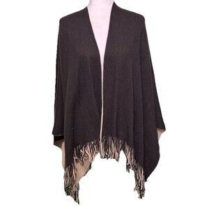 New York & Company Women's Cape Shawl Black Knit Fringe Cottegecore Lagenlook OS